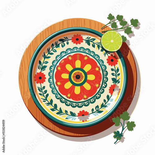 Vibrant floral ceramic dinner plate on wooden table, cultural warmth