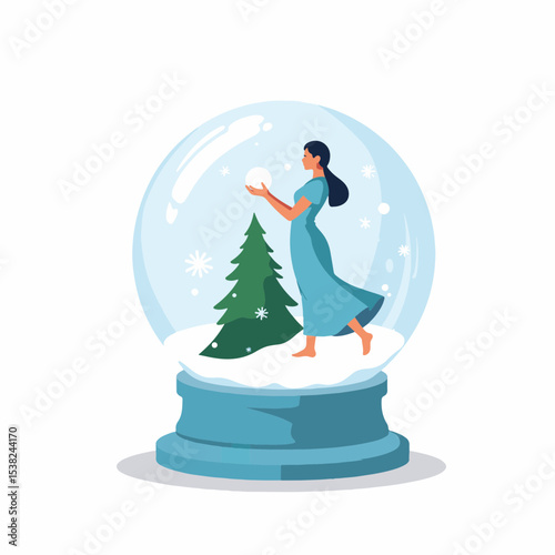 Woman holding snow globe with evergreen tree, winter wonder