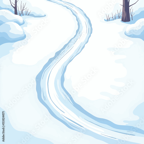 Sled tracks etched in pristine snow, serene winter landscape