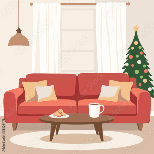 Cozy living room scene with red sofa and Christmas tree, festive warmth