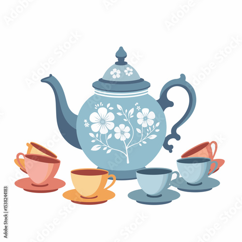 Vintage teapot and pastel teacups, warm nostalgia in home decor