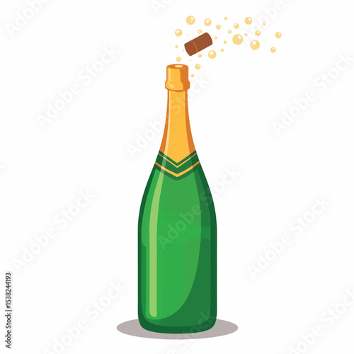 Stylized champagne bottle popping cork with bubbles, celebration concept