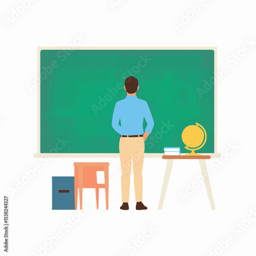 Male teacher preparing lesson at green chalkboard, educational setting