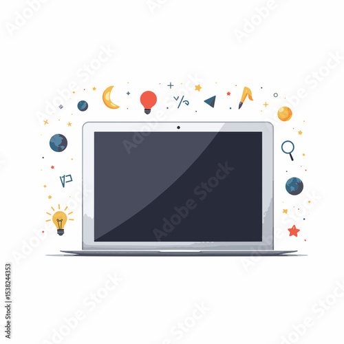 Sleek digital tablet displaying online lessons with abstract icons, modern education