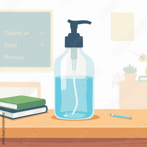 Transparent hand sanitizer bottle on wooden desk, hygiene essentials