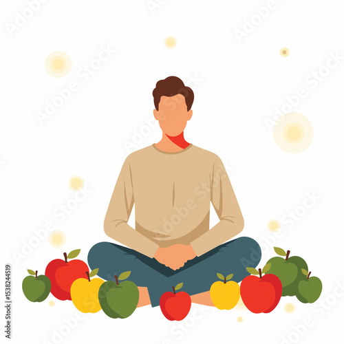 Serene man meditating amidst colorful apples, harmony and abundance