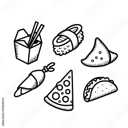 Delicious Doodle Food Icons Pizza Sushi Taco Asian Cuisine Takeout Graphic Design Elements, silhouette