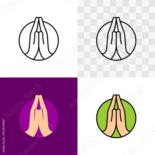Praying hands icon line illustration in various styles. Two hands of religious prayer. Sorry symbol. Editable stroke.