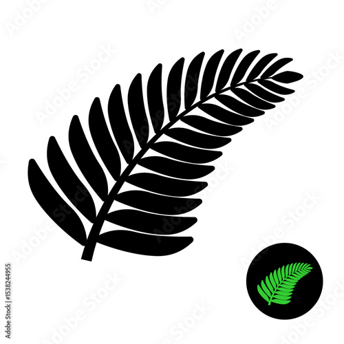Fern leaf black silhouette icon. Elegant style symbol of fern or other tropical plant branch with leaves.