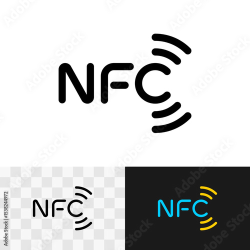 NFC protocol letter icon. Word NFC logo with emitting sector lines. Editable stroke.