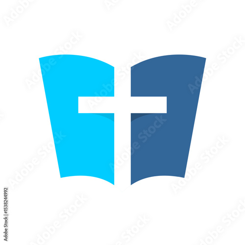 Christian cross with open holy bible color logo. Religion church symbol