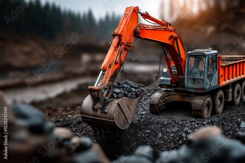 An excavator loads coal into an orange truck at a mining site surrounded by rocks