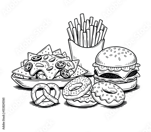 Delicious Fast Food Illustration Featuring a Juicy Burger Fries Nachos and Pretzels a Tempting Culinary Sketch Perfect for Menus or Recipe Books, silhouette