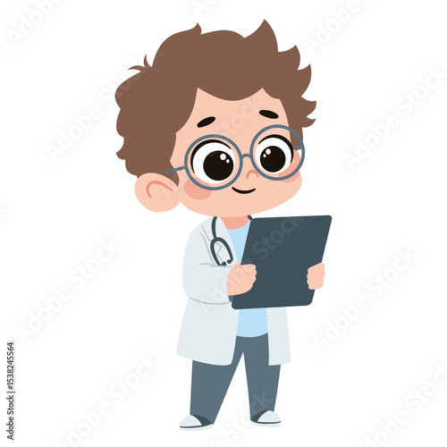 Cute baby boy in doctor costume holding a tablet. Flat vector illustration in simple child style on white background. Vector illustration
