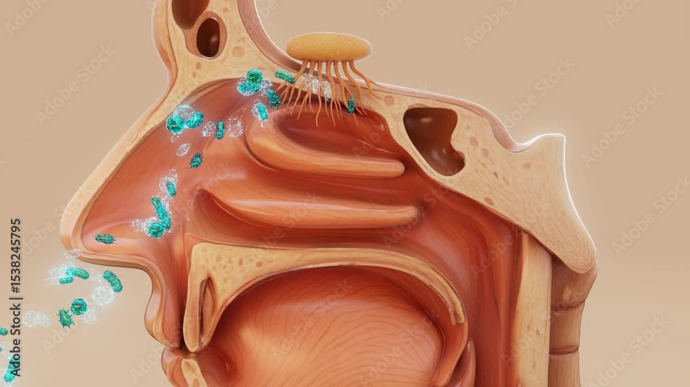 Conceptual 3D animation of bacteria entering through the nose