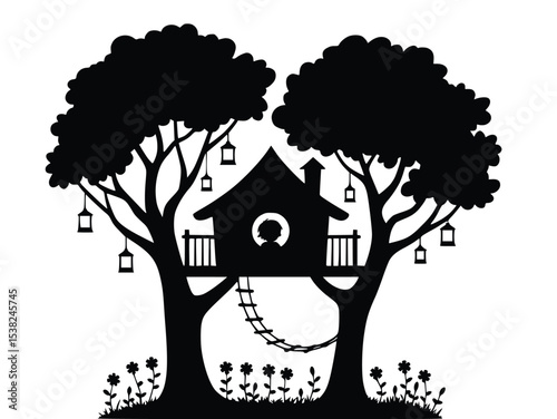 Enchanting Silhouette of a Treehouse nestled amongst lush trees and flowers a whimsical design perfect for children's illustrations and home decor