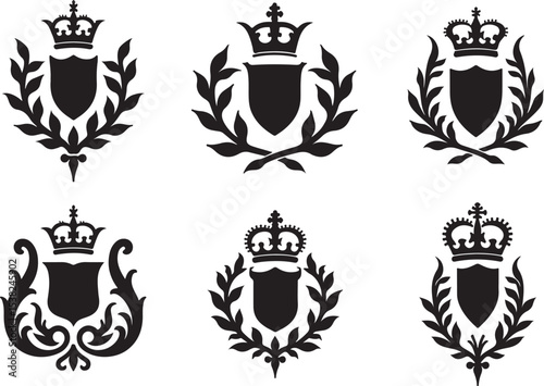 Royal Crest and Heraldic Emblem Collection – Black and White
Vintage Crown Shield Icons Set – Heraldry Design
Monochrome Coat of Arms with Crowns and Shields