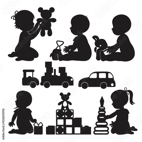 Black silhouettes show children playing with blocks, teddy bears and toy cars together happily