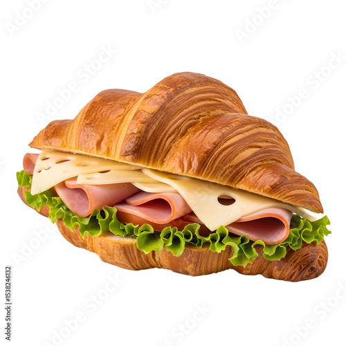 A buttery croissant sandwich filled with sliced ham, cheese, and fresh lettuce on isolated transparent background, perfect for a cafe lunch menu.