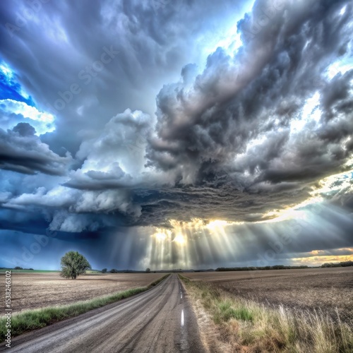 Dramatic stormy sky over rural road with sun rays, captivating landscape and atmospheric mood