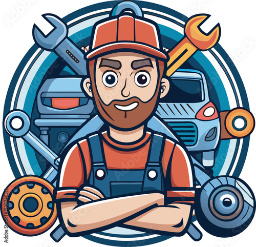 This collection of image feature illustration of mechanic working on different vehicle, including car and motorcycle, with tools and repair elements