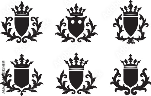 Royal Crest and Heraldic Emblem Collection – Black and White
Vintage Crown Shield Icons Set – Heraldry Design
Monochrome Coat of Arms with Crowns and Shields