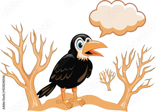 Cartoon crow with speech bubble on a branch talking out loud