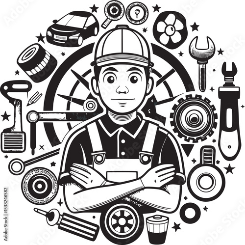 This collection of image feature illustration of mechanic working on different vehicle, including car and motorcycle, with tools and repair elements