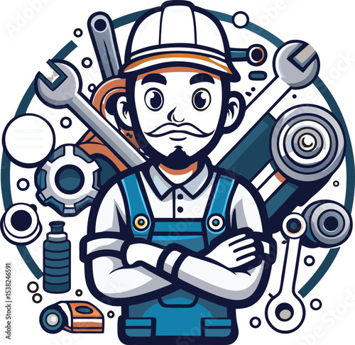 This collection of image feature illustration of mechanic working on different vehicle, including car and motorcycle, with tools and repair elements