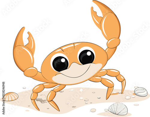 Cheerful cartoon crab on sandy beach with seashells simple illustration