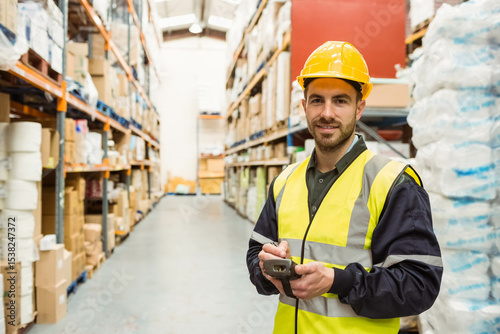 Male warehouse worker wearing vest scanning pallets on racks with scanner in aisle, copy space