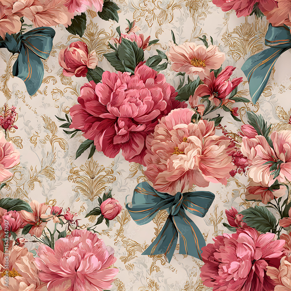 Beautiful vector coquette seamless pattern with damask print bows and classical vintage bouquet. Floral elegance print design for fabric, wallpaper or wrapping paper.
