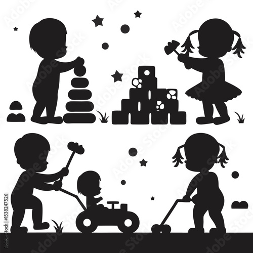 Silhouette children are engaged in creative play with blocks, hammer, and other toys