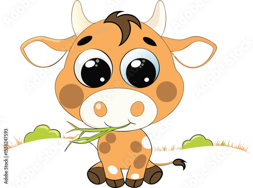 Cute cartoon calf enjoying a green grass snack on a white background