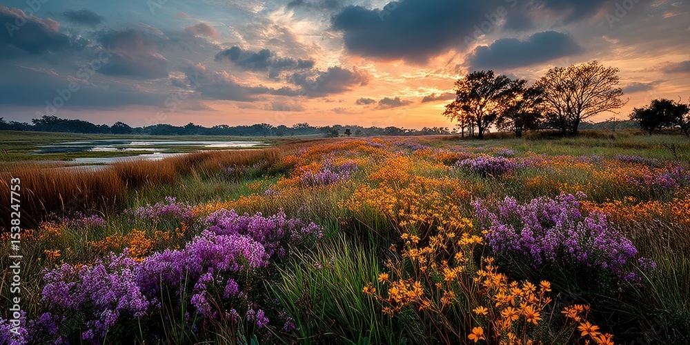 Fototapeta premium Vibrant wildflowers bloom in a serene landscape at sunset near a tranquil water body