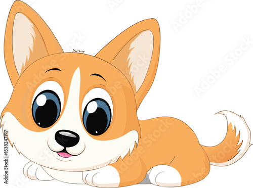 Cute cartoon corgi puppy dog lying down with big blue eyes