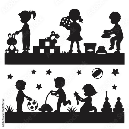 Silhouetted children are happily playing with toys, blocks, balls, stars and other childhood objects