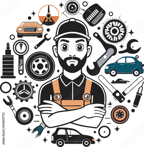 This collection of image feature illustration of mechanic working on different vehicle, including car and motorcycle, with tools and repair elements