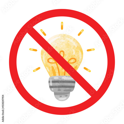 No light bulb sign, light bulb forbidden sign, lightbulb prohibition sign, no lamp allowed symbol, lights is prohibited, don't turn on the lights