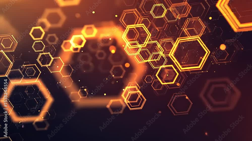 Abstract orange and gold hexagonal shapes floating against a dark background, creating a warm atmosphere