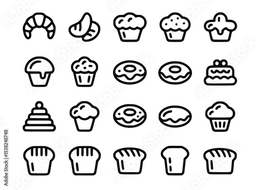 Delicious Bakery Icons Collection Sweet Treats Bread Croissant Muffin Donut Cake Graphic Design Elements, silhouette