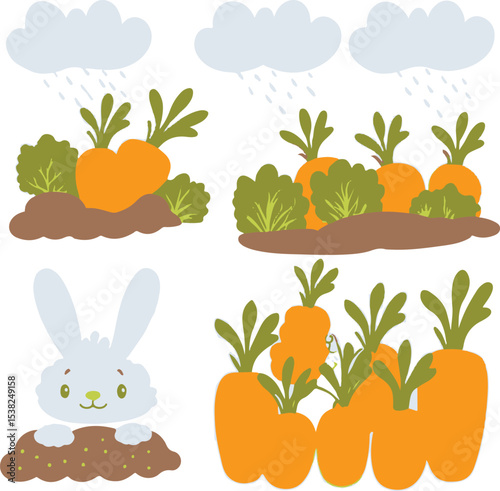 Cute cartoon illustration of a bunny harvesting carrots in the garden