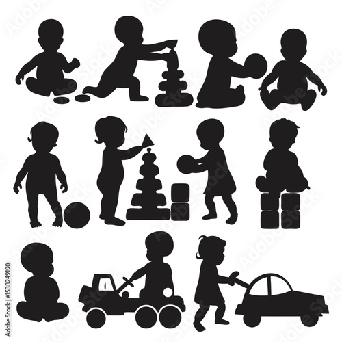 Silhouette shows black infants playing with toys, engaging in developmental activities