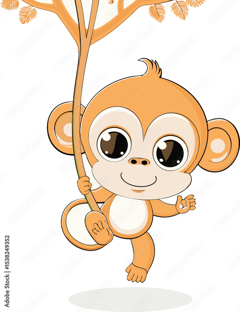 Fototapeta premium Cute cartoon monkey swinging from a tree branch on a white background