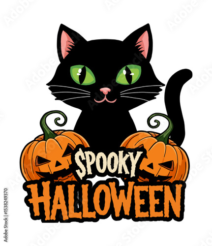 Flanking the cat are two traditional orange jack-o'-lanterns with carved faces, perfectly embodying the spirit of Halloween festivities.