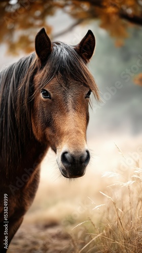 Majestic brown horse standing in golden grass under autumn foliage at dawn in a serene landscape