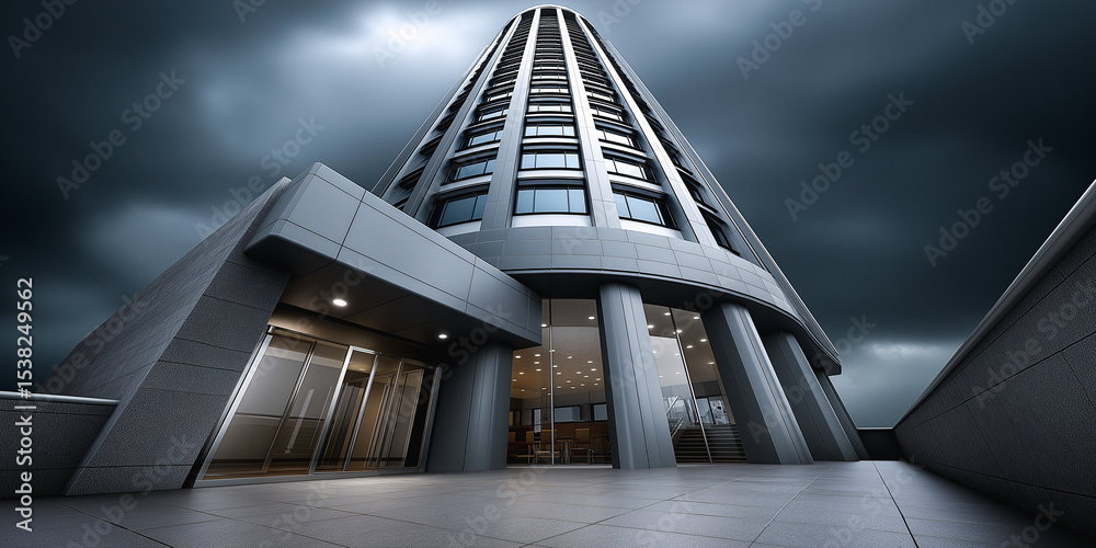 Obraz premium Modern Tower Ascent: A modern skyscraper soars towards the sky against a backdrop of dramatic, cloudy skies. An architectural masterpiece showcases innovative design and urban ambition.