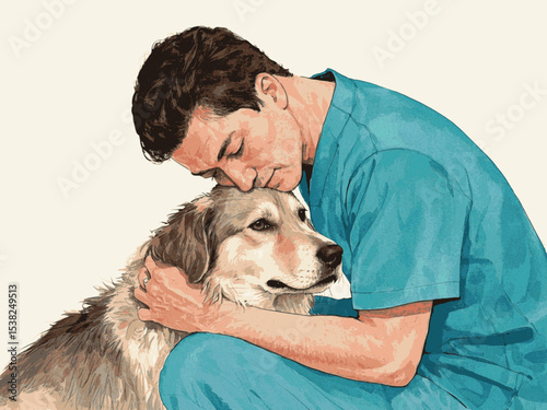 Gentle Hold Vet cuddling pet dog isolated watercolor vector illustration svg