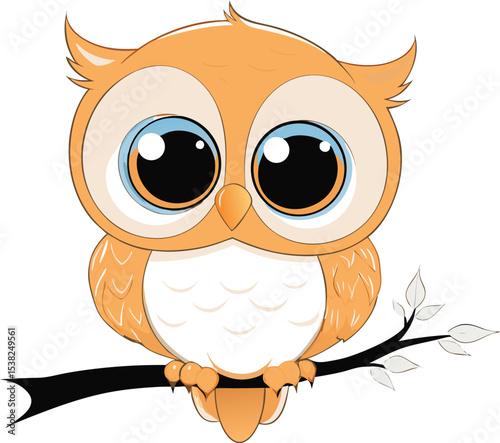 Cute cartoon owl perched on a branch isolated on white background