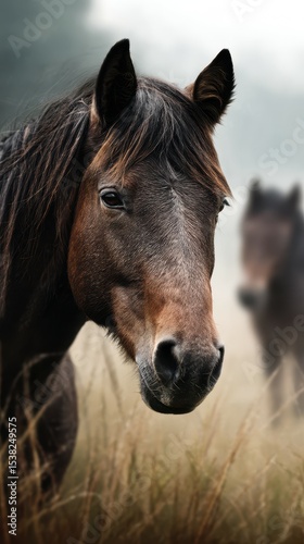 Majestic horse standing in a foggy field at dawn with another horse appearing softly in the background
